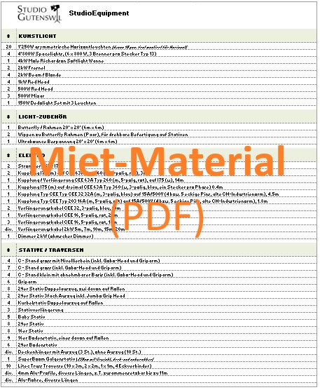 Liste zum Mietmaterial und Equipment im Mietstudio StudioGutenswil